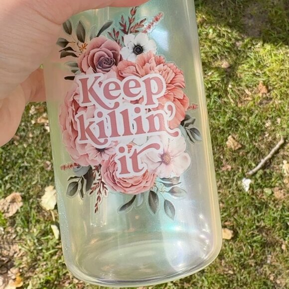 Keep Killin' It 16oz Glass Beer Can Tumbler with Matching Keychain, Handmade - Picture 4 of 4